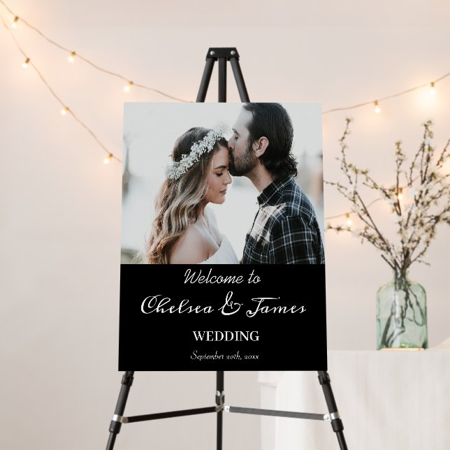 Custom Calligraphy Black Photo Elegant Welcome  Foam Board (In Situ (Stand))