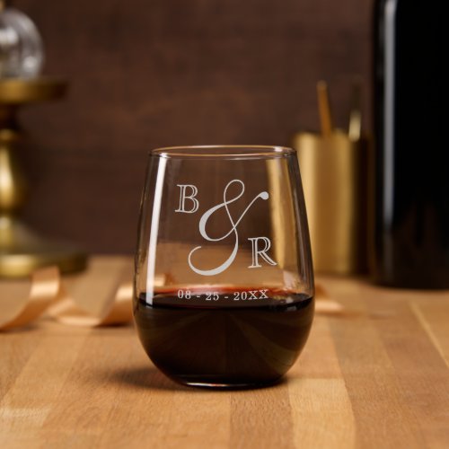 Custom Calligraphy Couple Names Initials Engraved Stemless Wine Glass