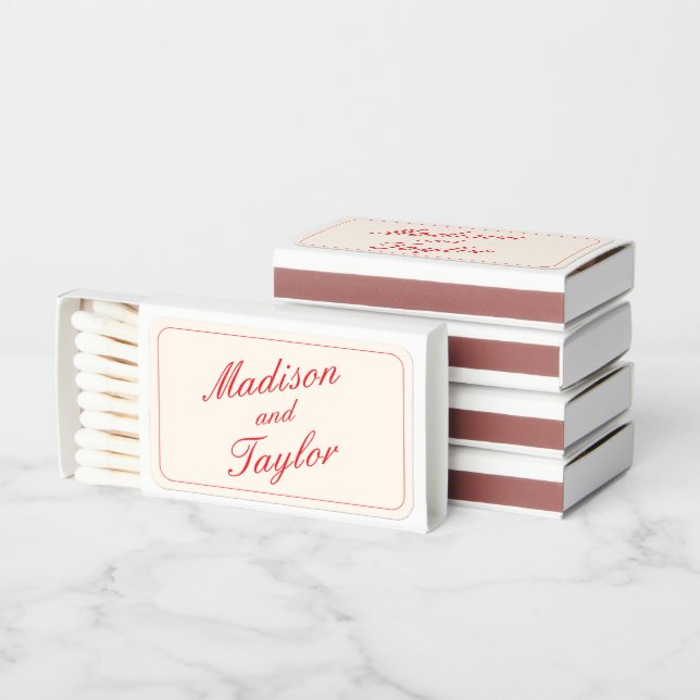 Custom Calligraphy Names Red Retro Chic Wedding Matchboxes (Stacked)