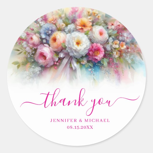 Custom Calligraphy Thank You Watercolour Flowers Classic Round Sticker (Front)