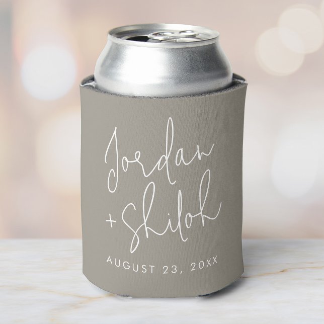 Custom Calligraphy Wedding To have and To hold Can Cooler (A neutral can with cooler featuring custom names date in white modern script on a soft background.)