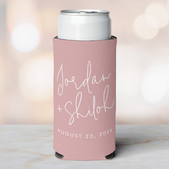 Custom Calligraphy Wedding To have and To hold Seltzer Can Cooler (A blush pink can with cooler featuring custom names date in white modern script on a soft background)