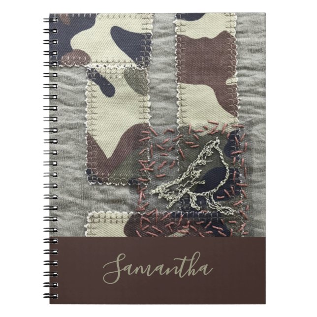 Custom Camo Bird Patchwork Look Brown Green Nature Notebook (Front)