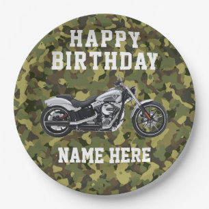 Custom Camo Motorcycle Happy Birthday Name Paper Plates