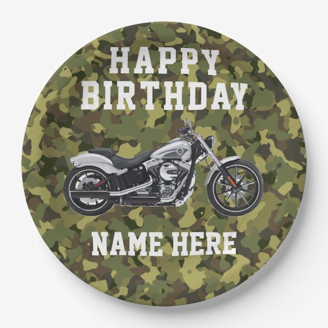 Custom Camo Motorcycle Happy Birthday Name Paper Plates (Front)