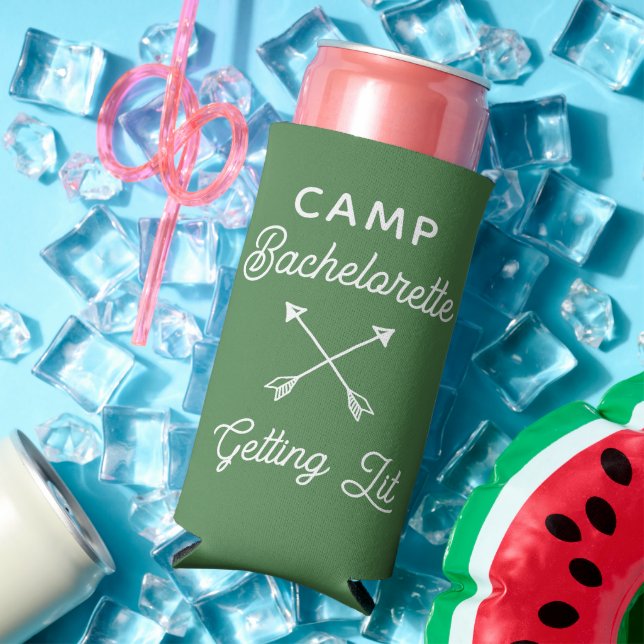 Custom Camp Bachelorette Green Seltzer Can Cooler (In Situ Summer)