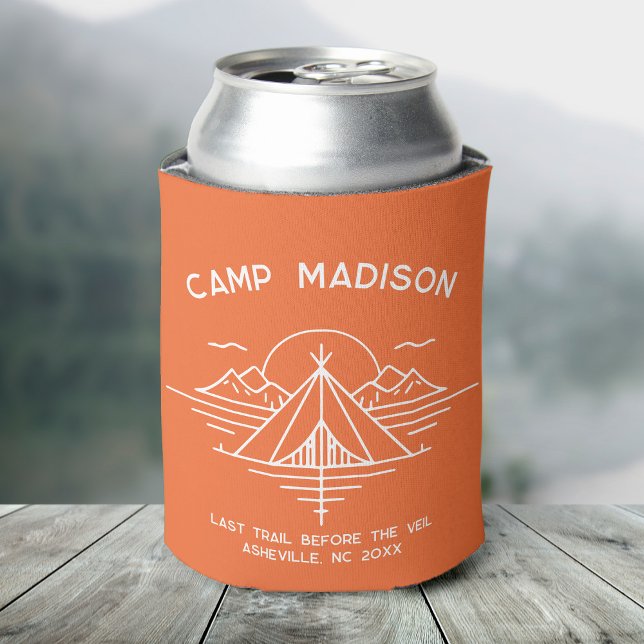 Custom Camp Bachelorette Party Favors Hiking Can Cooler (A can covered in a orange cooler featuring "Camp Madison" and a line graphic of mountains and a tent)