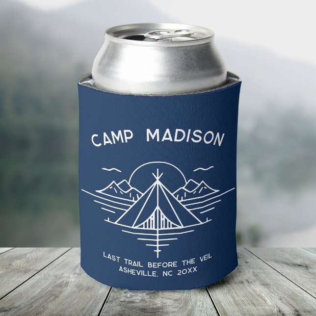 Custom Camp Bachelorette Party Favors Hiking Can Cooler (A can covered in a blue cooler featuring "Camp Madison" and a line graphic of mountains and a tent)