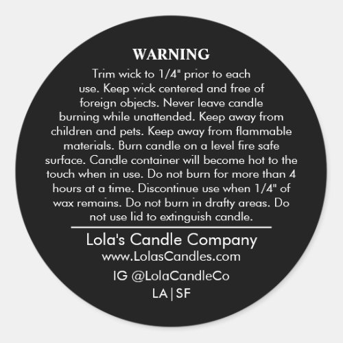 Custom Candle Warning Label Black on White Matte