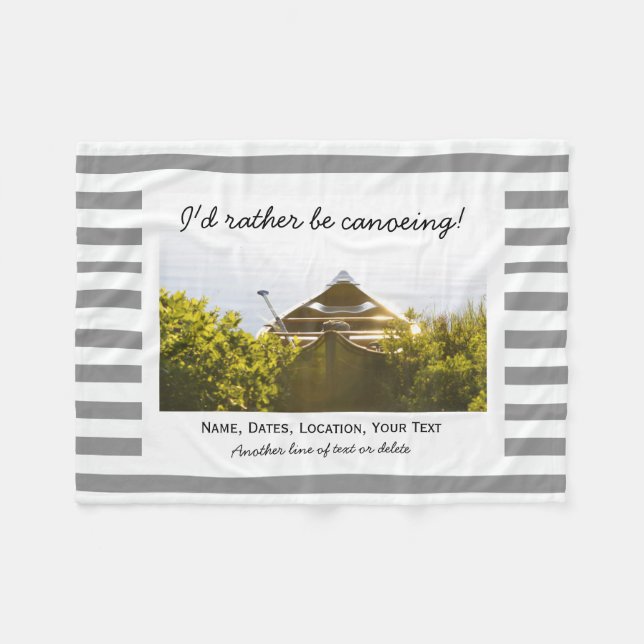 Custom Canoeing Canoe Photo Gray & White Stripes Fleece Blanket (Front (Horizontal))