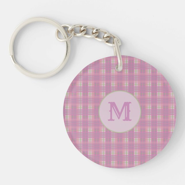 Custom Capital Initial Pink Plaid Stripe Key Chain (Front)