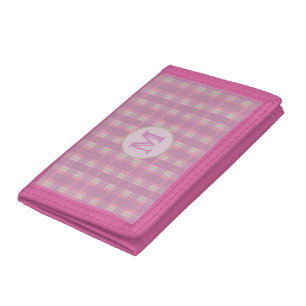 Custom Capital Initial Pink Wallet, Plaid, Stripes Trifold Wallet