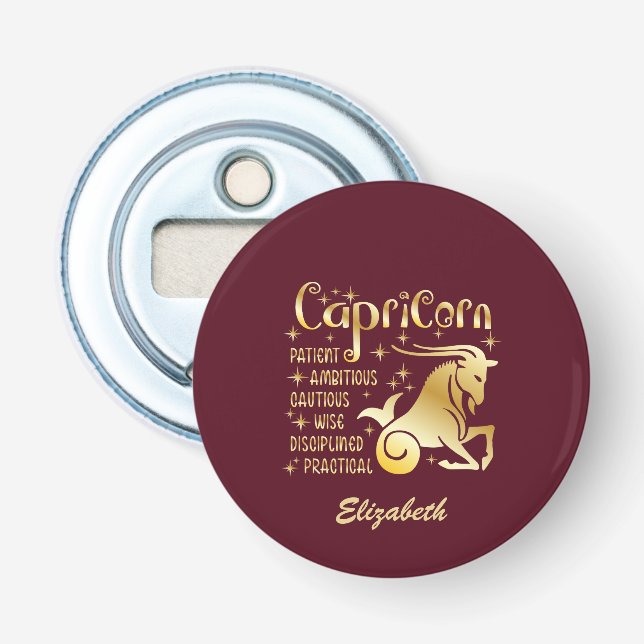 Custom Capricorn Zodiac Sign Gold Maroon Luxury Bottle Opener (Front)