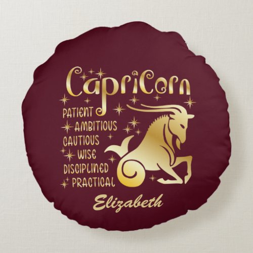 Custom Capricorn Zodiac Sign Gold Maroon Luxury Round Pillow