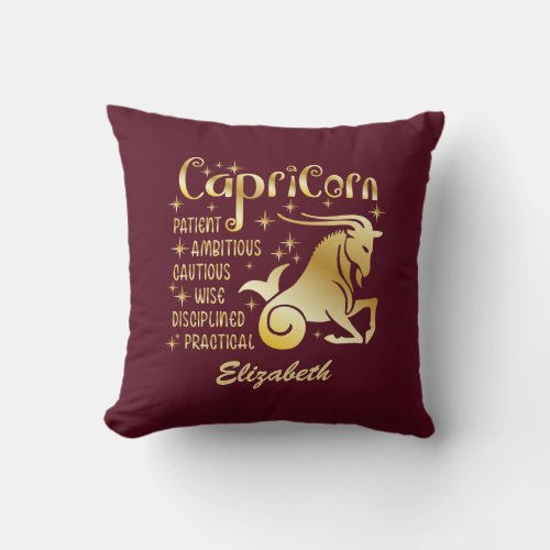 Custom Capricorn Zodiac Sign Gold Maroon Luxury Throw Pillow