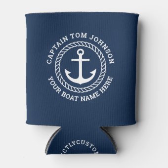 Custom Captain And Boat Name Anchor And Rope Can Cooler | Zazzle