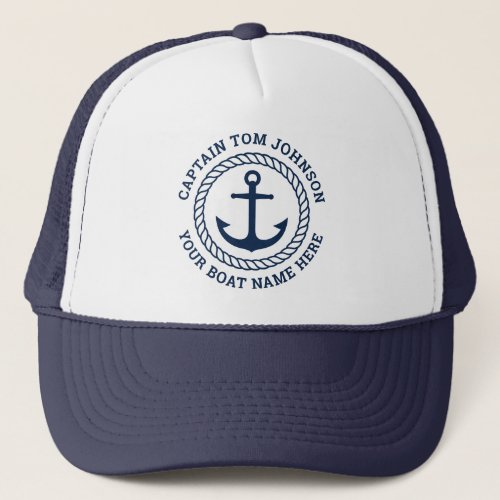 Custom captain and boat name anchor and rope trucker hat