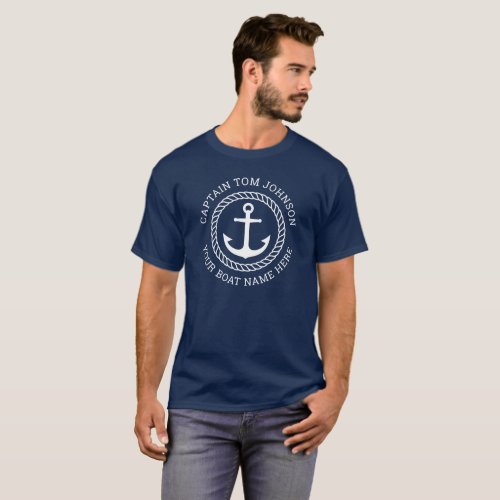 Custom captain and boat name anchor navy blue T_Shirt