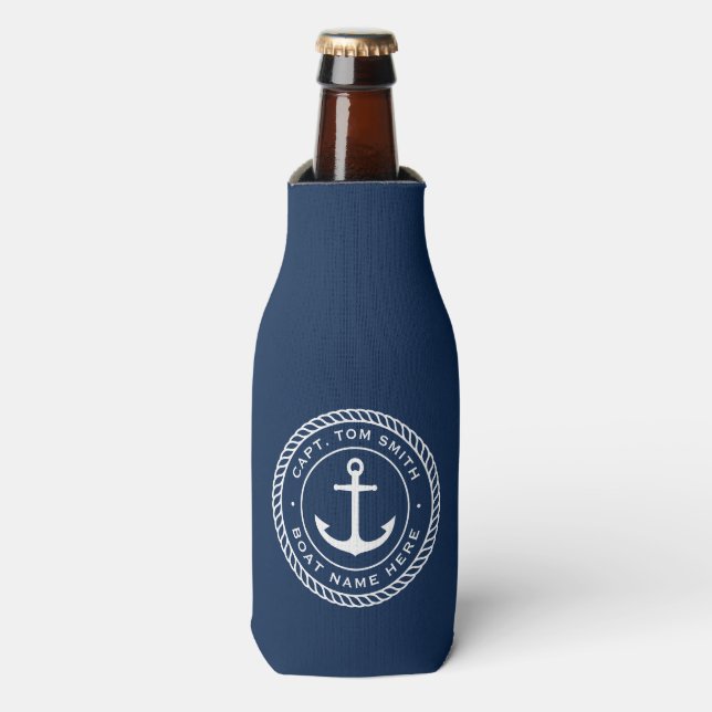 Custom captain and boat name anchor rope border bottle cooler (Bottle Front)