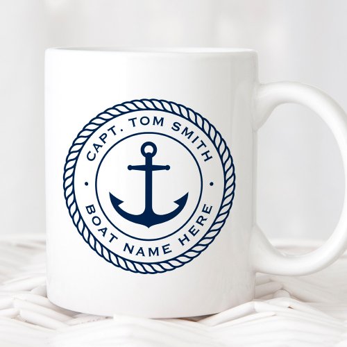 Custom captain and boat name anchor rope border coffee mug