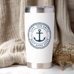 Custom captain and boat name anchor rope border insulated tumbler<br><div class="desc">Thermal tumbler featuring a dark blue,  elegant anchor and rope emblem with your custom name and boat name on a white background.</div>