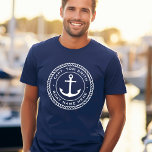 Custom captain and boat name anchor rope border T-Shirt<br><div class="desc">Navy blue tee shirt featuring a white,  elegant anchor and rope emblem with your custom name and boat name.</div>