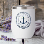 Custom captain and boat name anchor rope border thermal wine tumbler<br><div class="desc">Thermal tumbler featuring a dark blue,  elegant anchor and rope emblem with your custom name and boat name on a white background.</div>