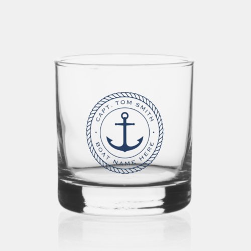 Custom captain and boat name anchor rope border whiskey glass
