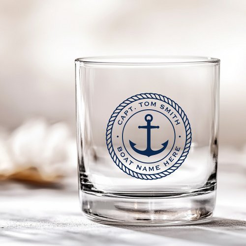 Custom captain and boat name anchor rope border whiskey glass