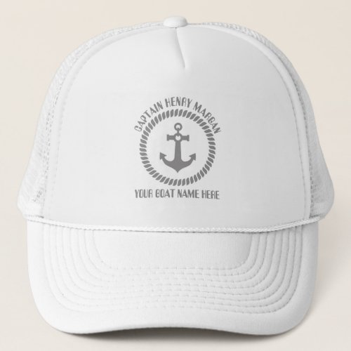 Custom captain and boat name anchor trucker hat