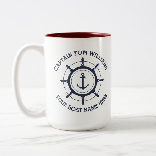 Custom captain and boat name anchor Two_Tone coffee mug