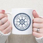 Custom captain boat name nautical ship's wheel coffee mug<br><div class="desc">Coffe mug featuring a dark blue,  elegant ship's wheel and rope emblem with your custom captain's name and boat name on a white background.</div>