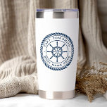 Custom captain boat name nautical ship's wheel insulated tumbler<br><div class="desc">Thermal tumbler featuring a dark blue,  elegant ship's wheel and rope emblem with your custom captain's name and boat name on a white background.</div>