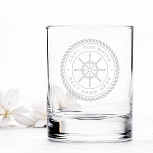Custom captain boat name nautical ship's wheel rocks glass
