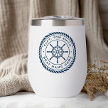 Custom captain boat name nautical ship's wheel thermal wine tumbler<br><div class="desc">Thermal tumbler featuring a dark blue,  elegant ship's wheel and rope emblem with your custom captain's name and boat name on a white background.</div>
