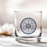 Custom captain boat name nautical ship's wheel whiskey glass<br><div class="desc">Glass featuring a dark blue,  elegant ship's wheel and rope emblem with your custom captain's name and boat name on a white background.</div>