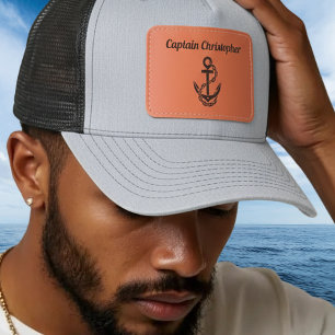 Custom Captain Boat Nautical Anchor Navy Ship  Leather Patch Hat