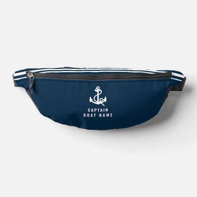 Custom Captain Boat Nautical Anchor Navy Stripes Fanny Pack (Lay Down)