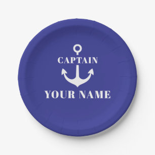 Custom Captain Name Anchor Blue Paper Plates