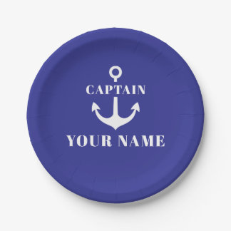 Custom Captain Name Anchor Blue Paper Plates