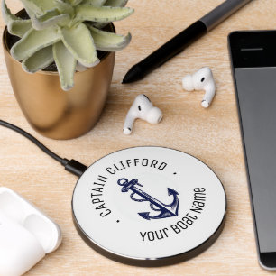 Custom Captain Name Boat Nautical Anchor Navy  Wireless Charger