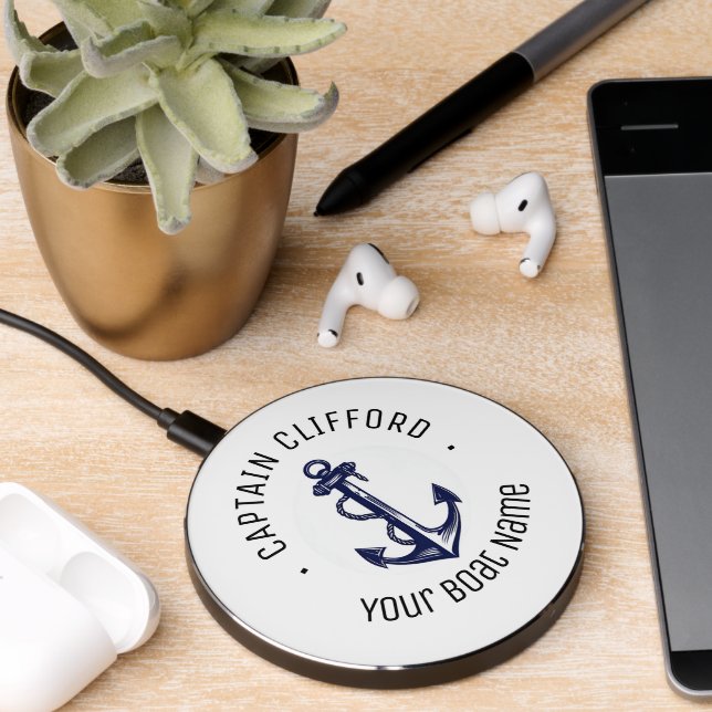 Custom Captain Name Boat Nautical Anchor Navy  Wireless Charger (Desk 2)