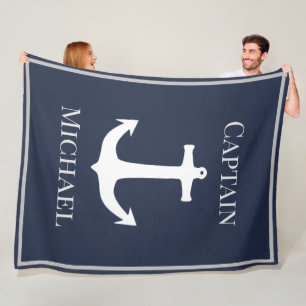 Custom Captain Name Nautical Navy Anchor Fleece Blanket