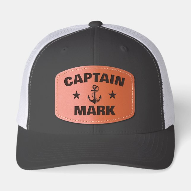 Custom Captain Nautical Dad Boating Gift Leather Patch Hat (Front)