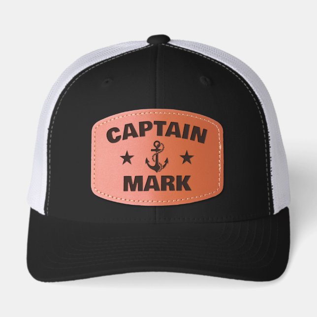 Custom Captain Nautical Dad Boating Gift Leather Patch Hat (Front)