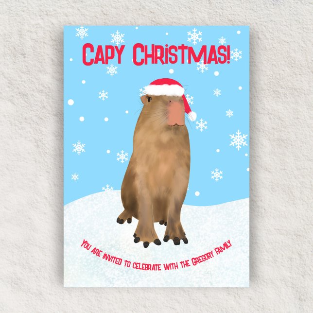 Custom Capybara Pun Capy Christmas Family Holiday Invitation (Creator Uploaded)