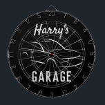 Custom car garage mancave dart board<br><div class="desc">Custom car garage mancave dart board gift. Cool automotive design with personalized name and background color. Christmas or Birthday gift idea for husband, dad, boyfriend, grandpa, boss, coworker, taxi driver, race driver, boy, kids etc. Trendy home decor time clock for mechanic, auto repair shop, garage, man cave etc. Upload your...</div>