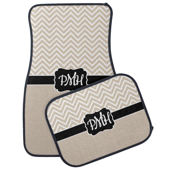 Custom Car Mats - Chevron Monogram Tan Brown (Set)