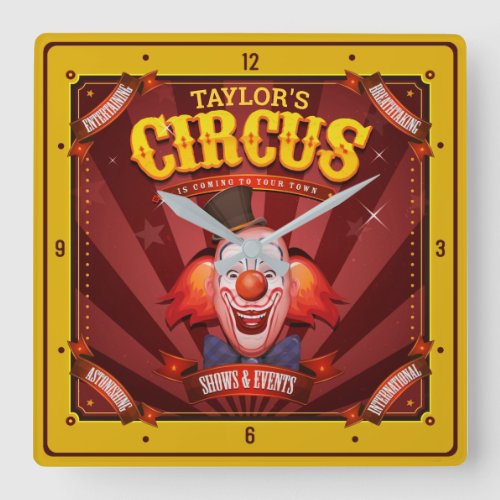 Custom Carnival Clown Big Top Family Circus Show Square Wall Clock