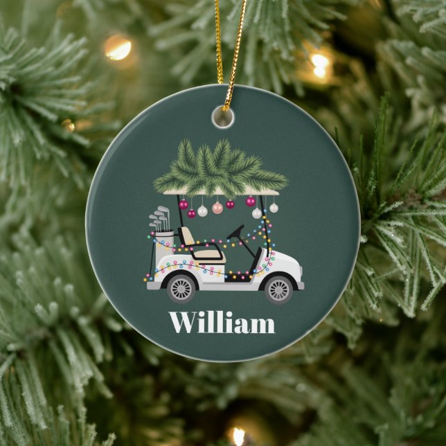 Custom Cart Name Golf Balls Christmas Golfer Ceramic Ornament (Tree)